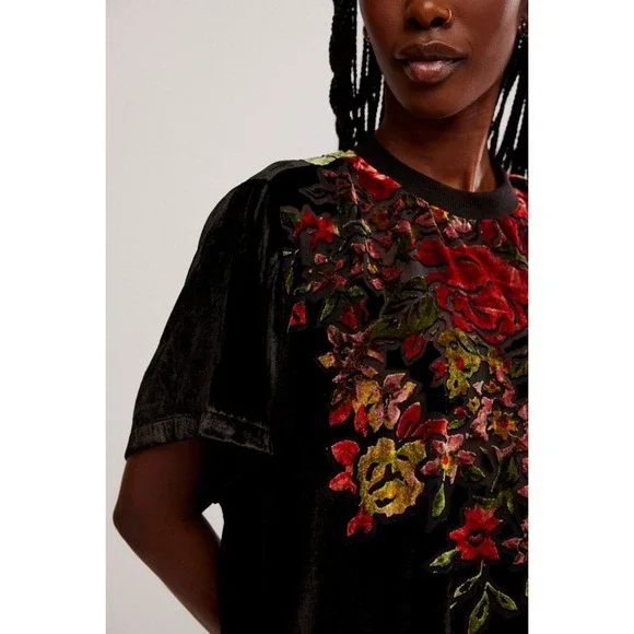Free People Sweet Echoes Black Floral Velvet Burnout Dress Womens Large Boho - Picture 3 of 9